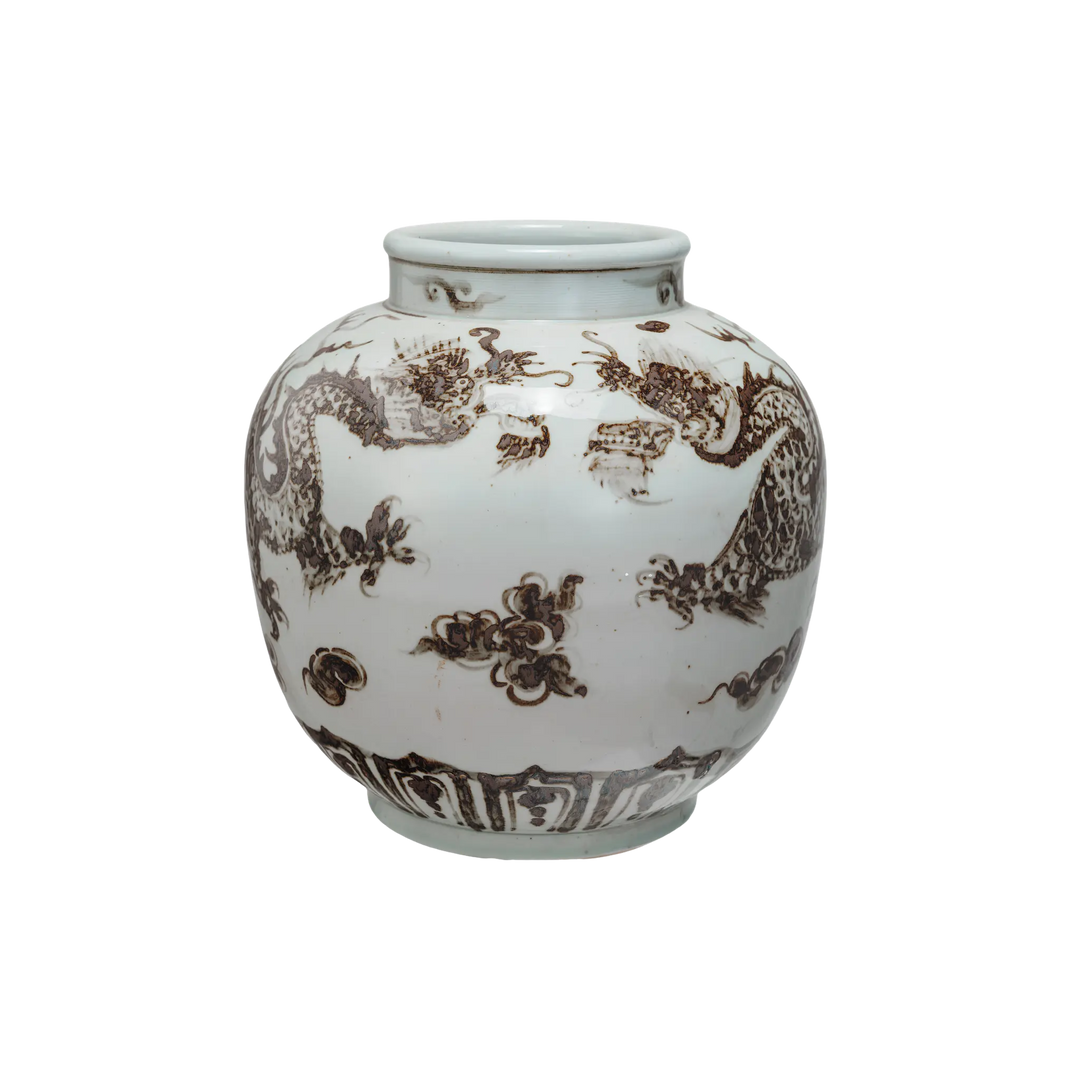 Hand-painted porcelain vase in brown and white with a Chinoiserie dragon and floral design, 14 inch round decorative vase for home decor