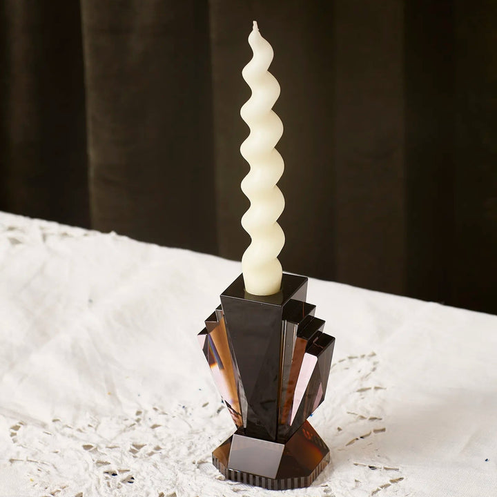 Brooklyn Candle Holder by Reflections Copenhagen featuring hand-cut crystal in black, brown, and rose tones inspired by New York’s Art Deco skyline – Mood by DMJ Lafayette, LA.