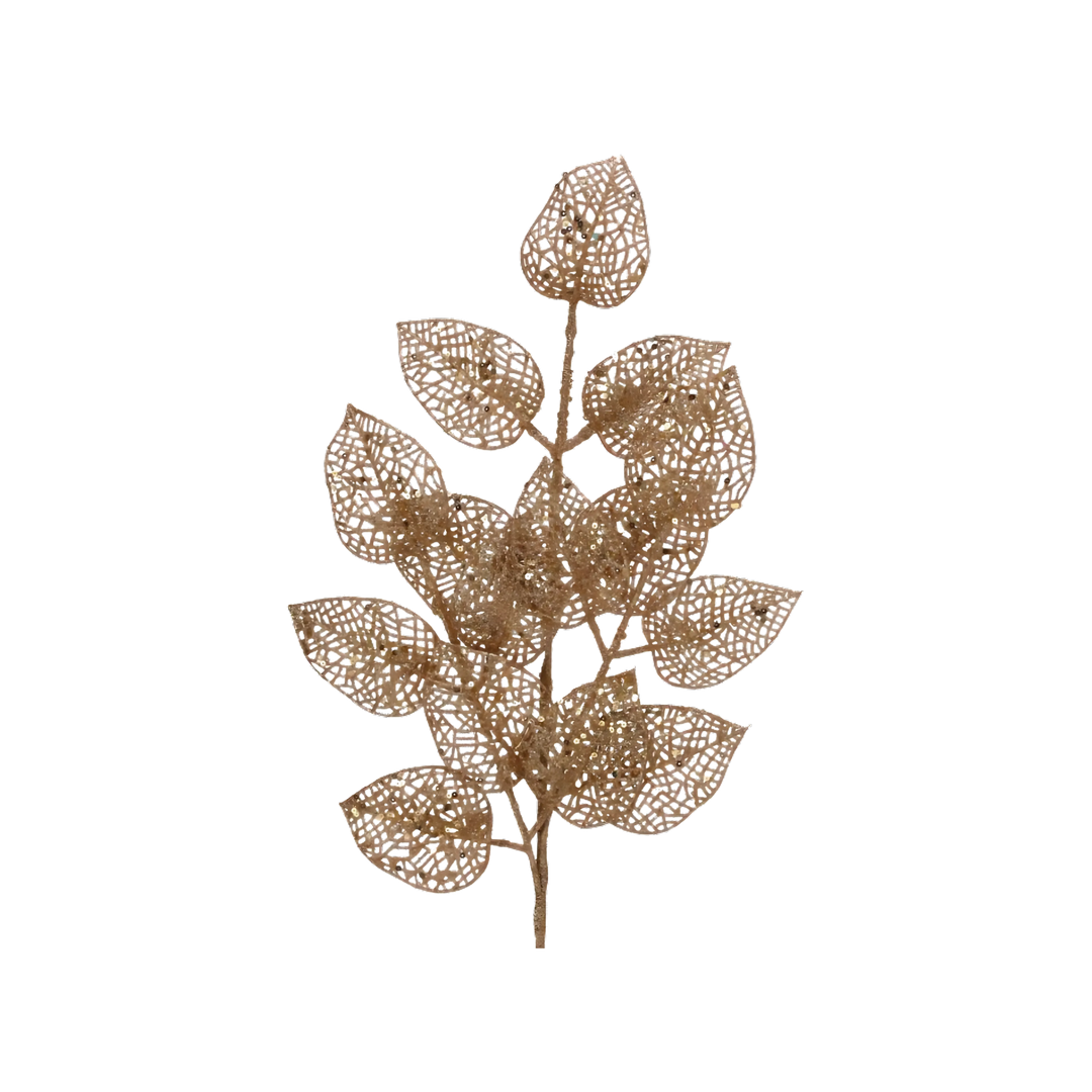 "25 inch Gold Glitter Lace Leaf Spray Pick – shimmering lace-style leaf pick with wired stem for wreaths, garlands, trees, and floral holiday décor at Mood by DMJ Lafayette, Louisiana"