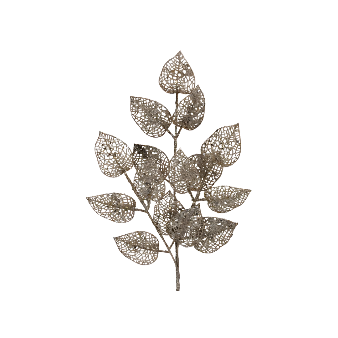 25 inch Platinum Glitter Lace Leaf Spray Pick – shimmering lace-style leaf pick with wired stem for wreaths, garlands, trees, and floral holiday décor at Mood by DMJ Lafayette, Louisiana