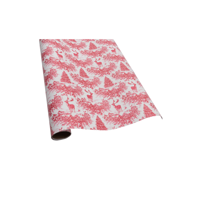 Red Christmas toile wrapping paper roll with deer, trees, and wreaths