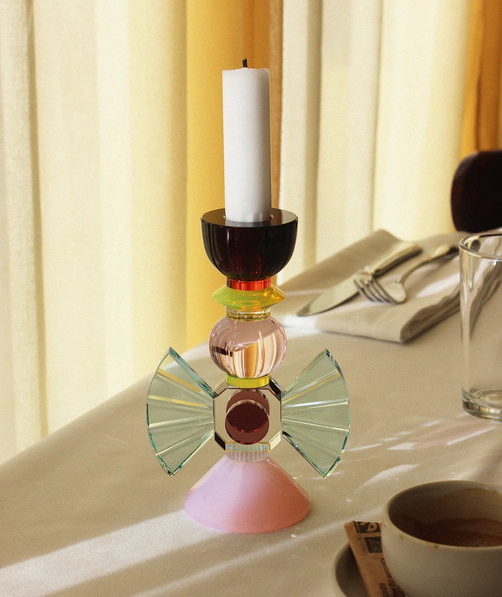 Mood by DMJ Reflections Copenhagen “Laguna Candlestick Holder” – aquamarine & pink opal crystal, sculptural light play in Lafayette, Louisiana.