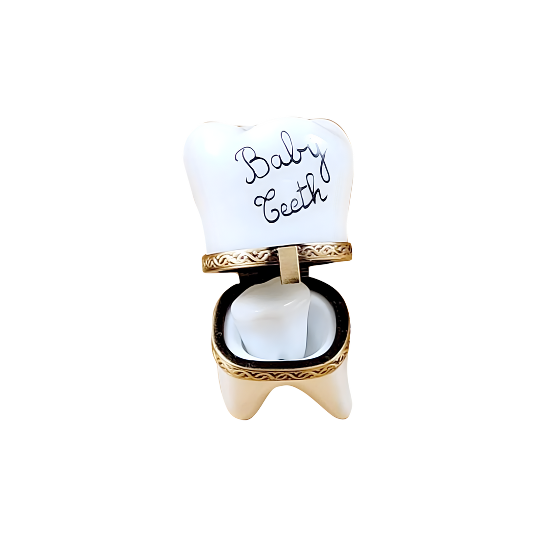 Open Baby’s First Tooth Limoges Box showing removable porcelain tooth inside
