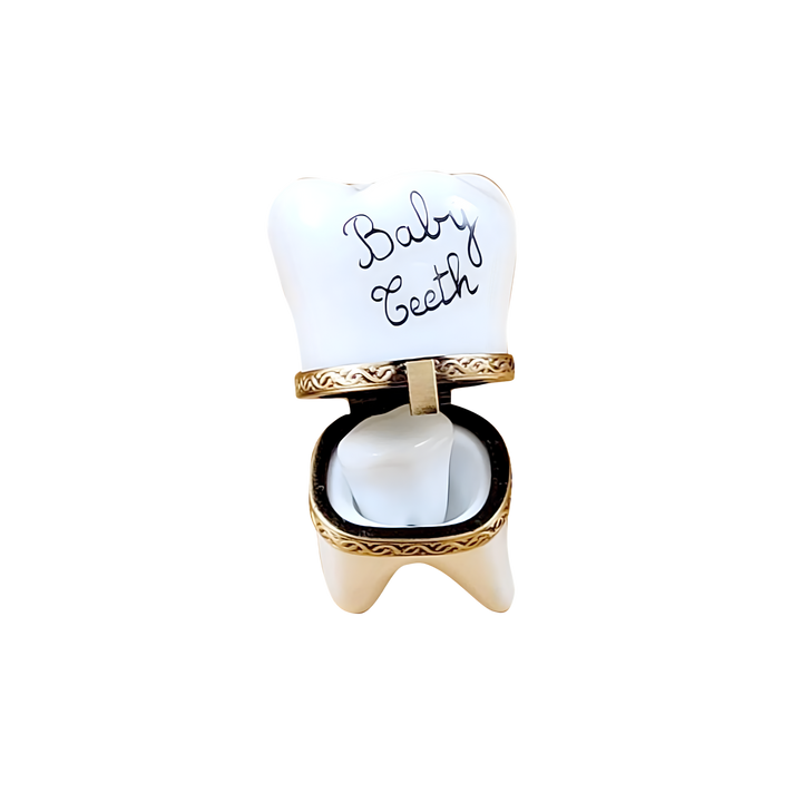 Open Baby’s First Tooth Limoges Box showing removable porcelain tooth inside
