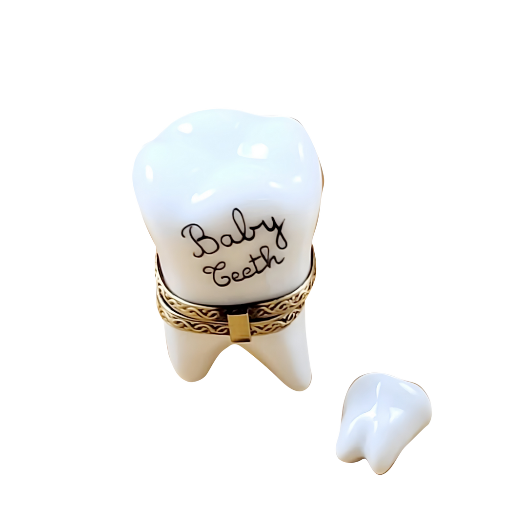 Baby’s First Tooth Limoges Box by Rochard, white porcelain tooth keepsake with gold trim