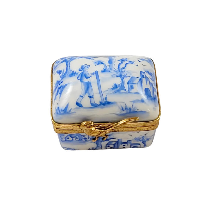 Blue Toile Limoges Box by Rochard, hand painted porcelain with gold clasp