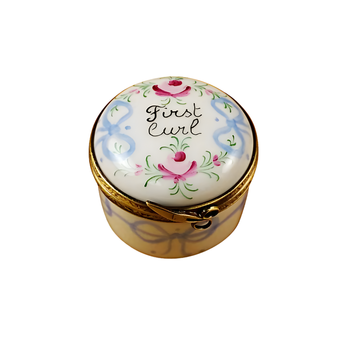 Blue Baby’s First Curl Limoges Box by Rochard, hand painted porcelain keepsake with gold clasp