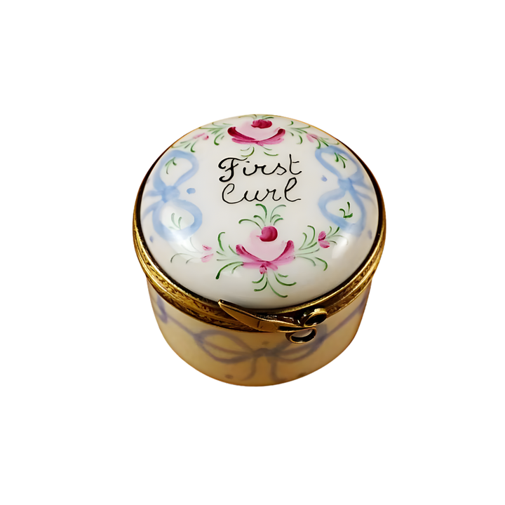 Blue Baby’s First Curl Limoges Box by Rochard, hand painted porcelain keepsake with gold clasp