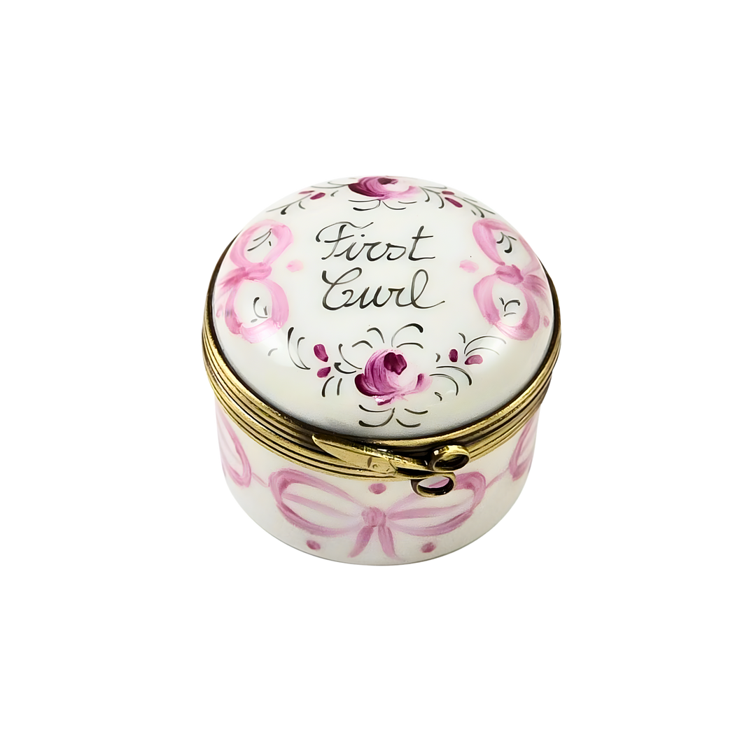 Pink Baby’s First Curl Limoges Box by Rochard, hand painted porcelain keepsake with floral design and gold clasp