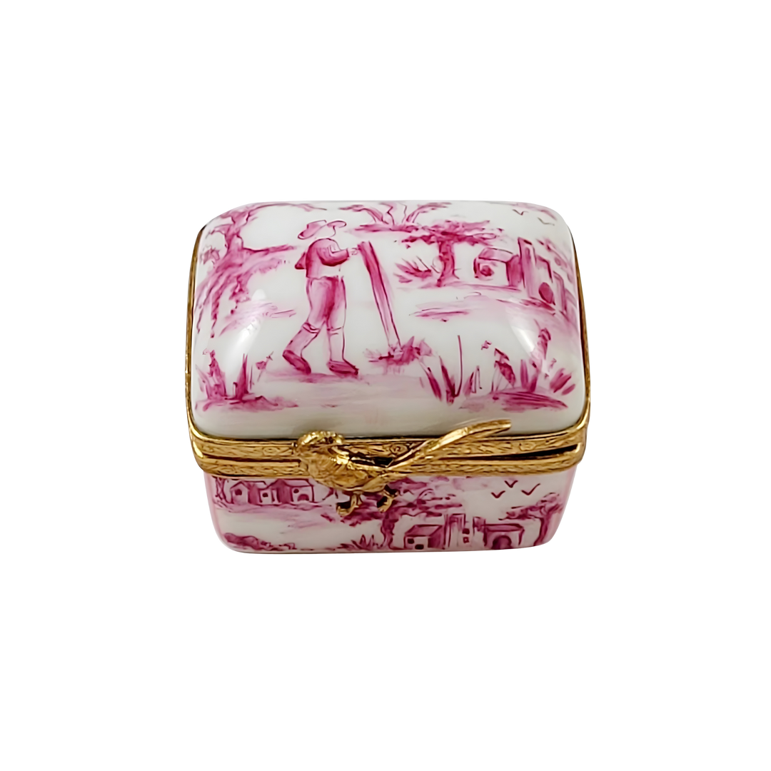 Pink Toile Limoges Box by Rochard, hand painted porcelain with gold clasp