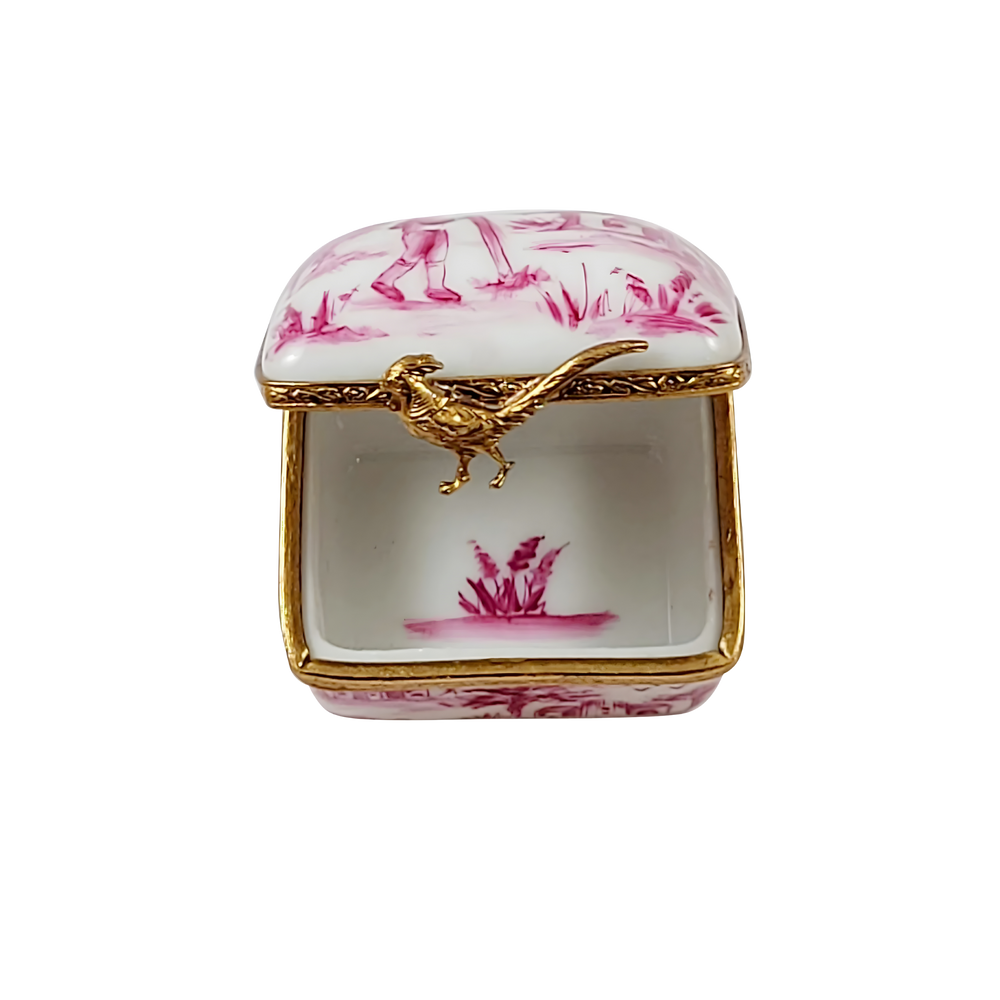 Open Pink Toile Limoges Box showing hand painted interior and sculpted gold clasp