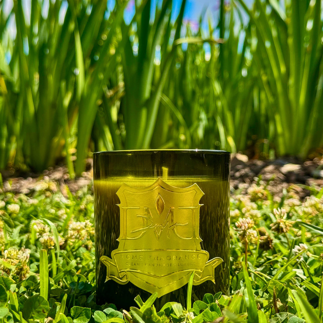 Roots candle by DMJ Home Fragrance in green glass vessel styled outdoors in grass inspired by Louisiana nature and Moncus Park