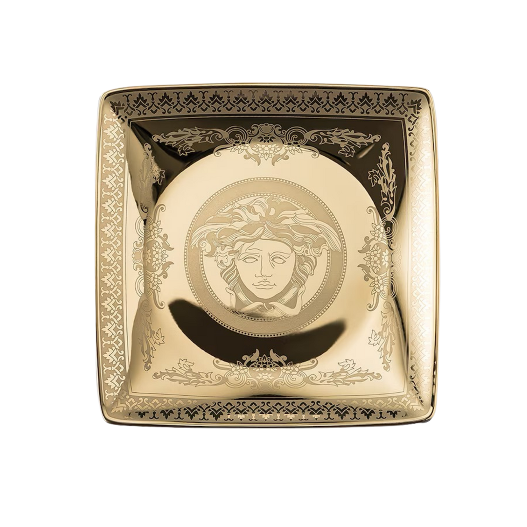 Versace Golden Medusa square dish by Rosenthal in gold porcelain with Medusa medallion and baroque border