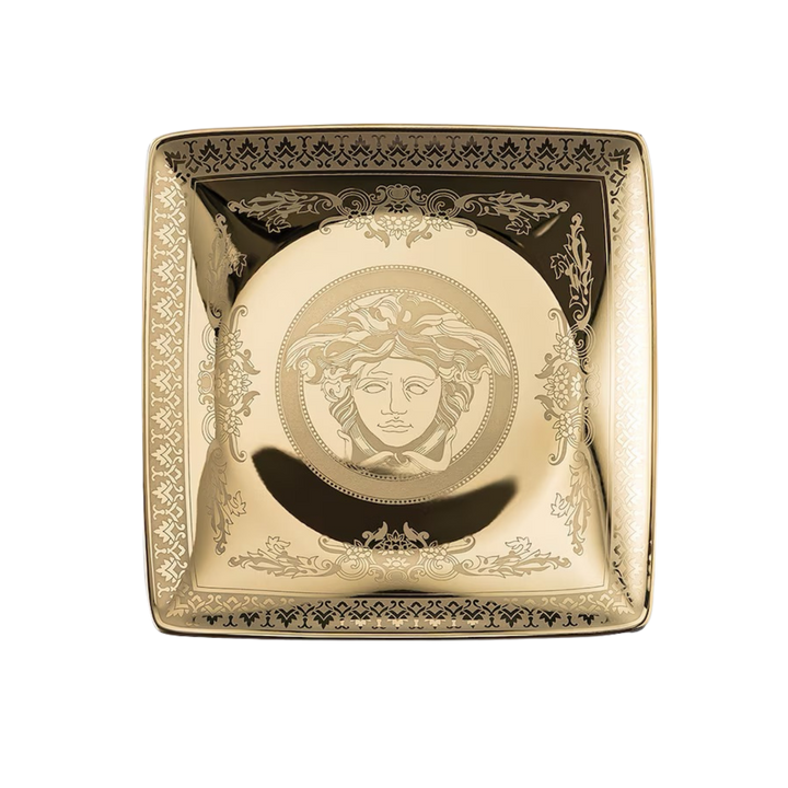 Versace Golden Medusa square dish by Rosenthal in gold porcelain with Medusa medallion and baroque border