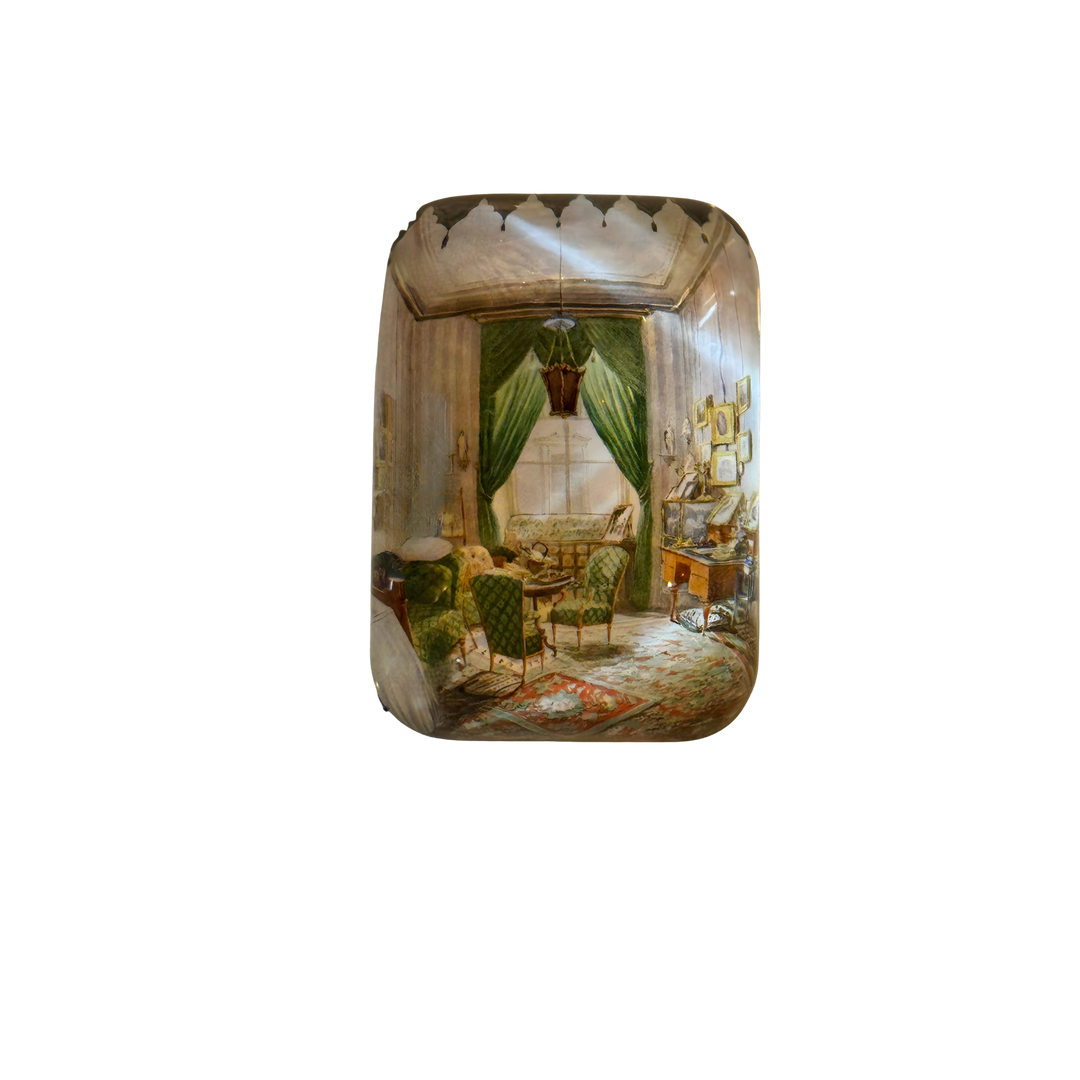 French Bedroom Glass Paperweight featuring vintage French interior design illustration under curved glass, perfect for elegant home or office décor.