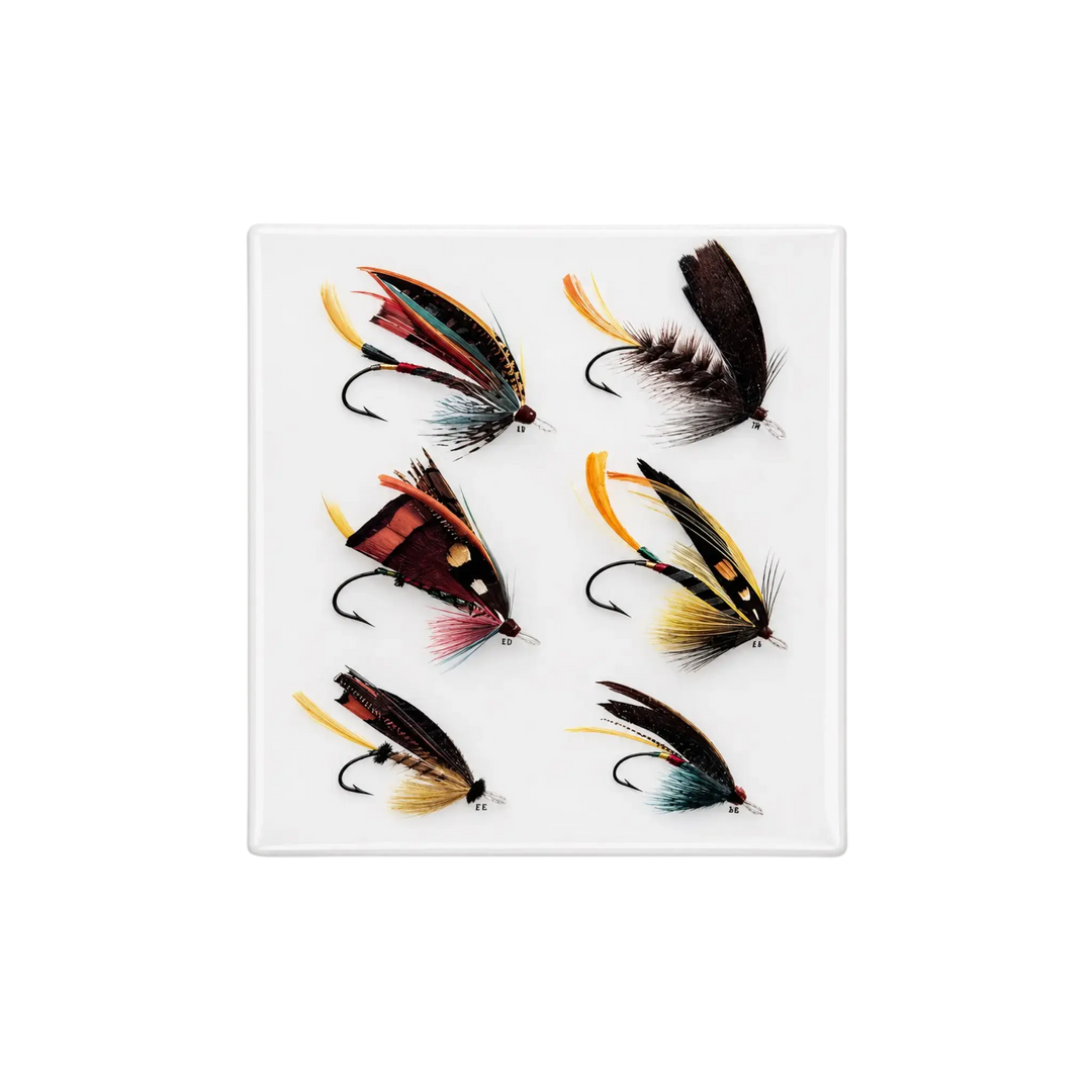Saint Austin Fishing Hook Decoupage Tray - vintage fishing fly illustration on square glass catchall tray with felted base