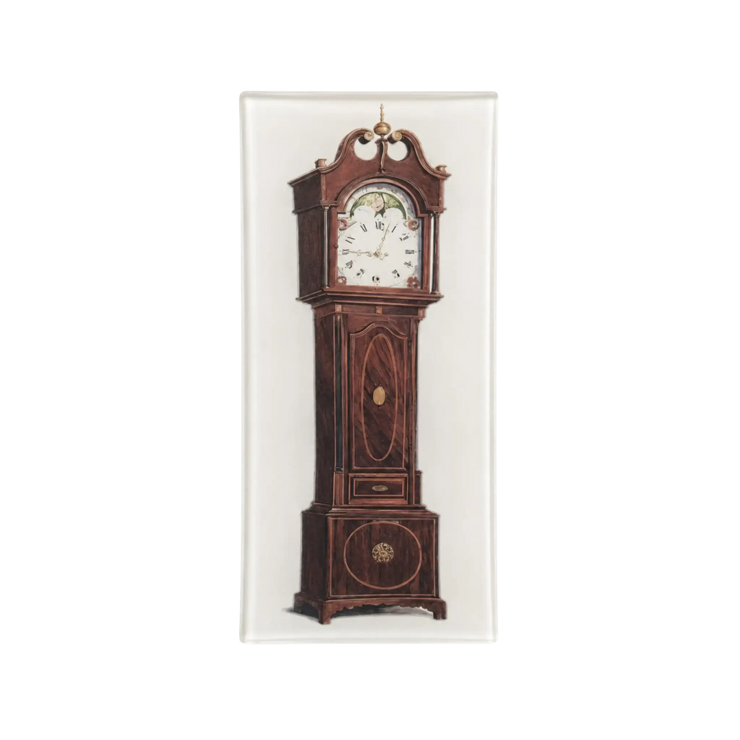 Saint Austin Grandfather Clock Decoupage Tray - antique longcase clock illustration on rectangular glass tray