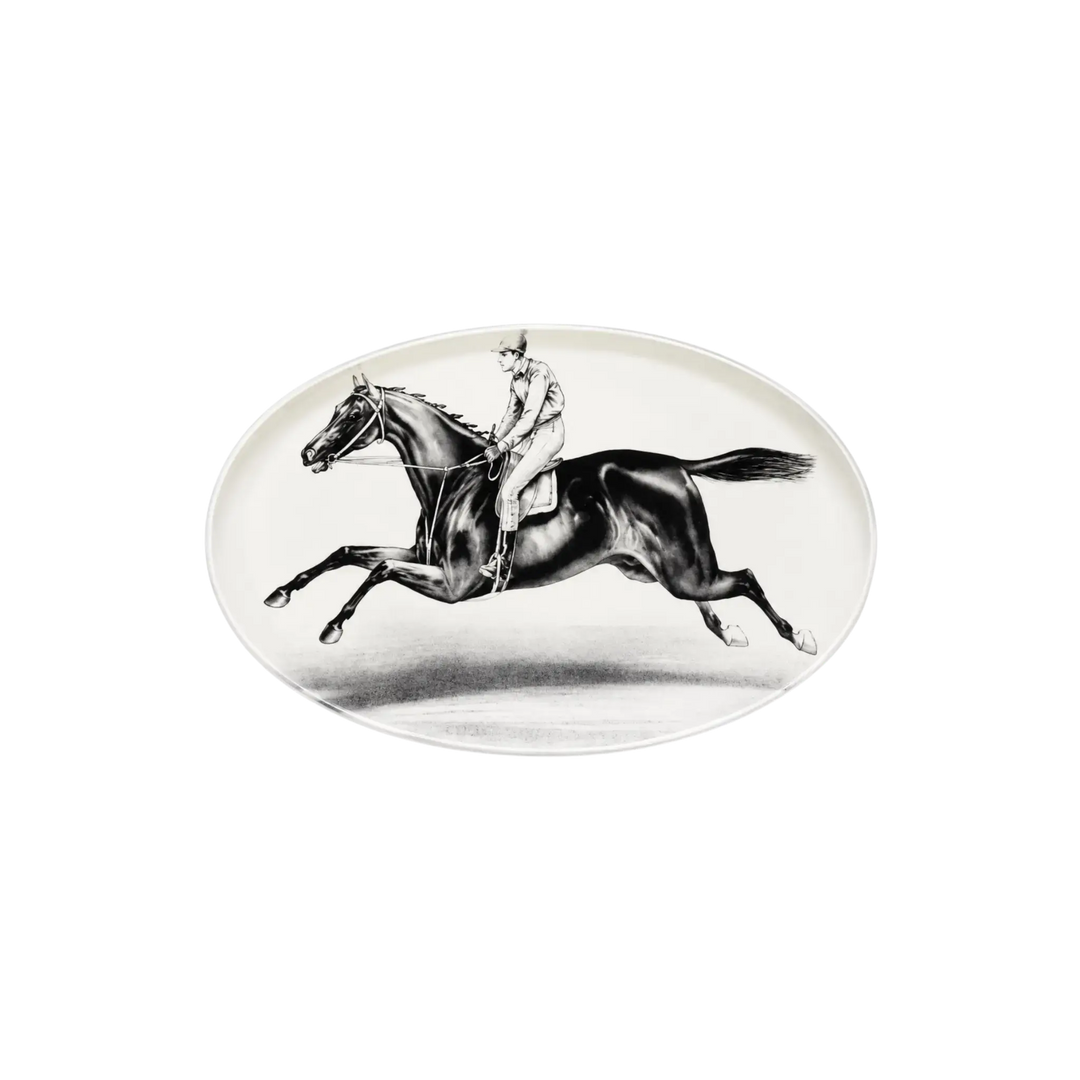 Saint Austin Jockey Decoupage Tray - black and white horse racing illustration on oval glass tray
