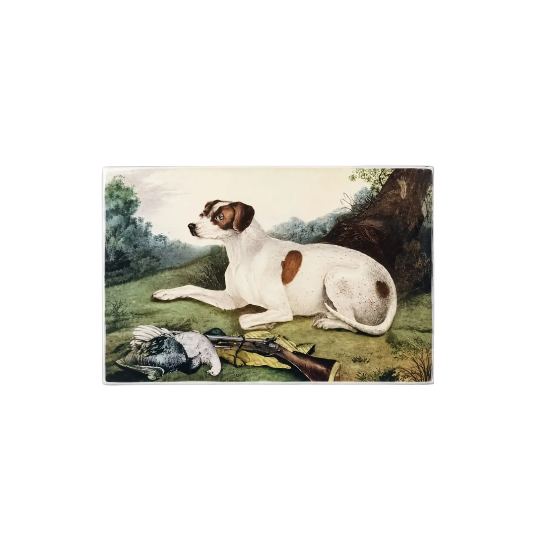 Saint Austin Pointer Dog Decoupage Tray - vintage sporting art of hunting dog on rectangular glass catchall tray