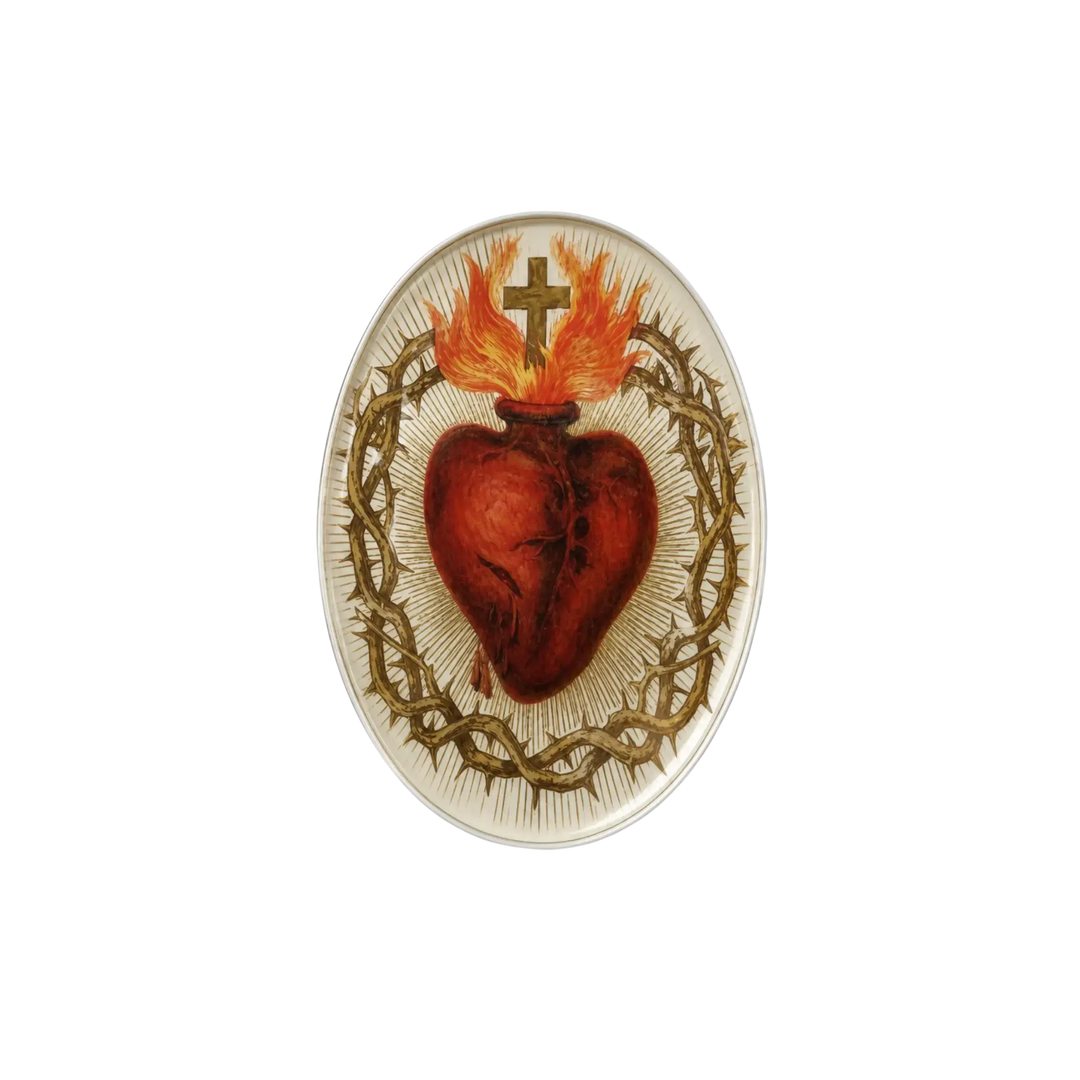 Saint Austin Sacred Heart Decoupage Tray - devotional Sacred Heart illustration on oval glass tray