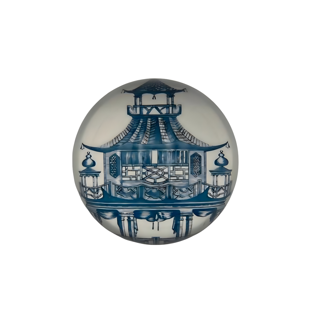 Blue and white chinoiserie pagoda glass paperweight at Mood By DMJ Lafayette Louisiana