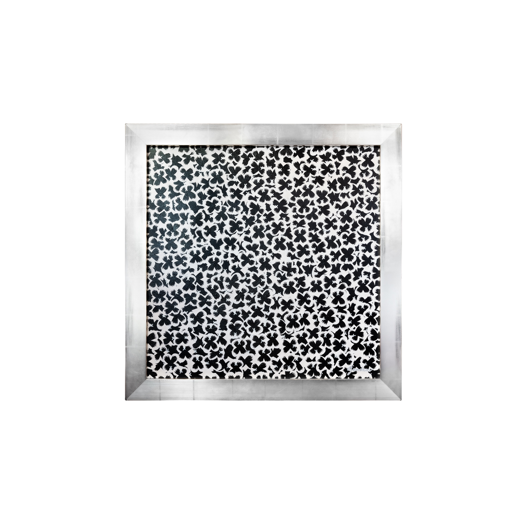 Black and white Pansies painting by Scott Sanders in a square silver frame