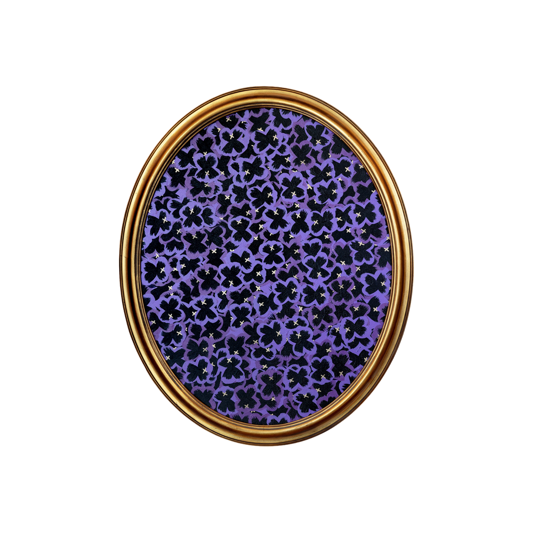 Purple and black Pansies painting by Scott Sanders in an oval gold frame