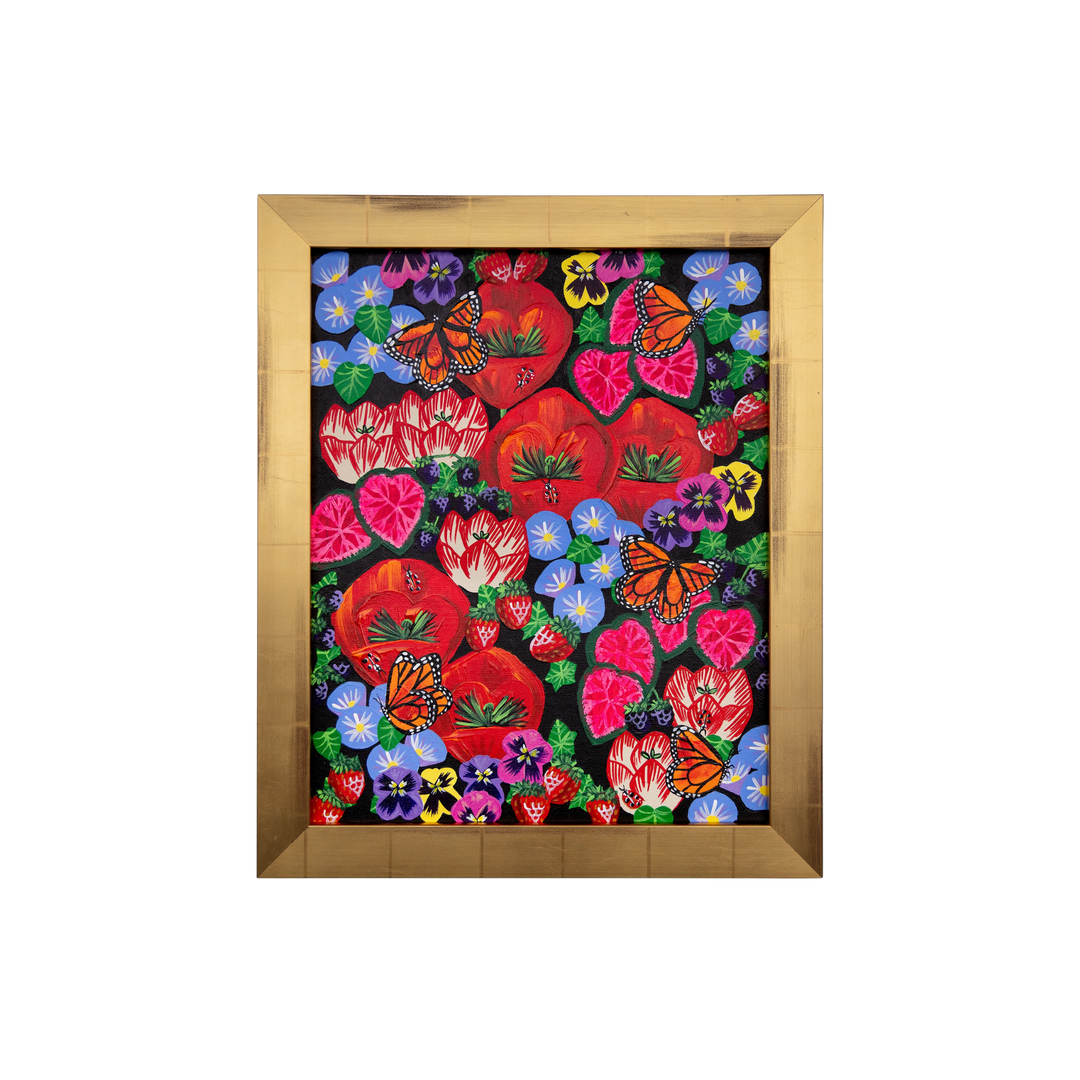 Multicolor floral and butterfly painting by Scott Sanders in a gold frame