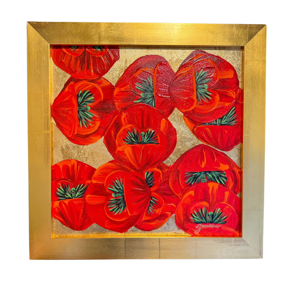 Original red poppy painting by Scott Sanders on gold ground in a 19.25x19.25 gold frame