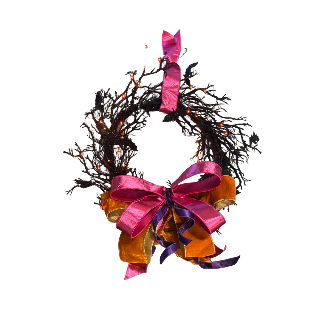 Black Bat Wreath with Orange LED Lights for Halloween decor at Mood by DMJ in Lafayette, LA.