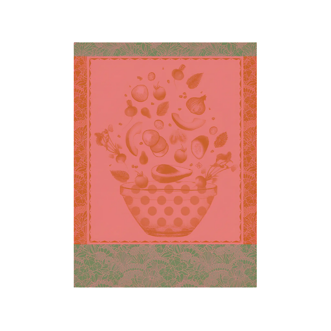 Summer Salad Kitchen Towel by Le Jacquard Français - coral pink cotton tea towel with garden vegetable and fruit bowl design