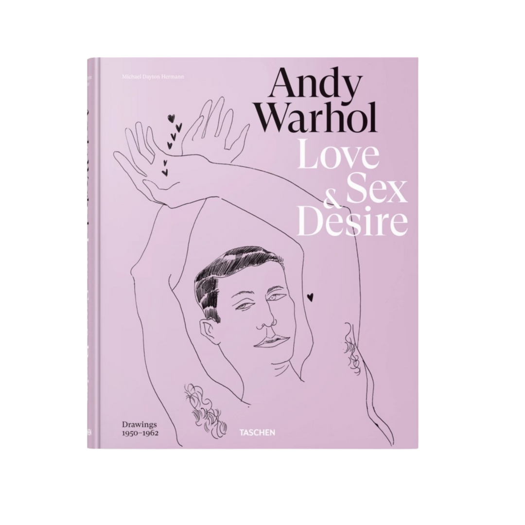 TASCHEN Andy Warhol Love, Sex, and Desire book cover with pink background and minimalist line drawing of a male figure, luxury art coffee table book