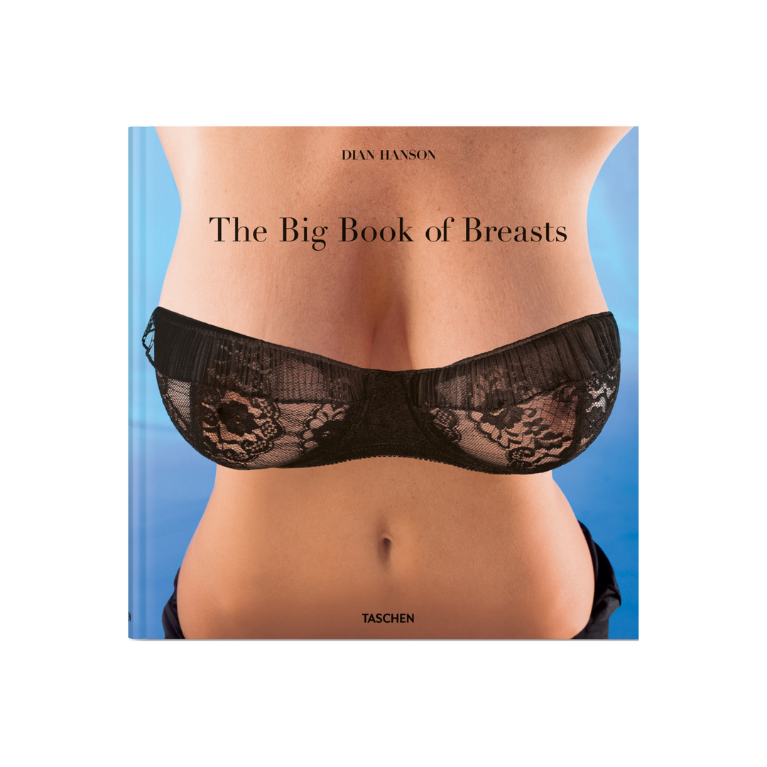 TASCHEN The Big Book of Breasts adults-only art book cover featuring a minimalist artistic photograph with black lace lingerie on a blue background, mature photography coffee table book (18+ only)