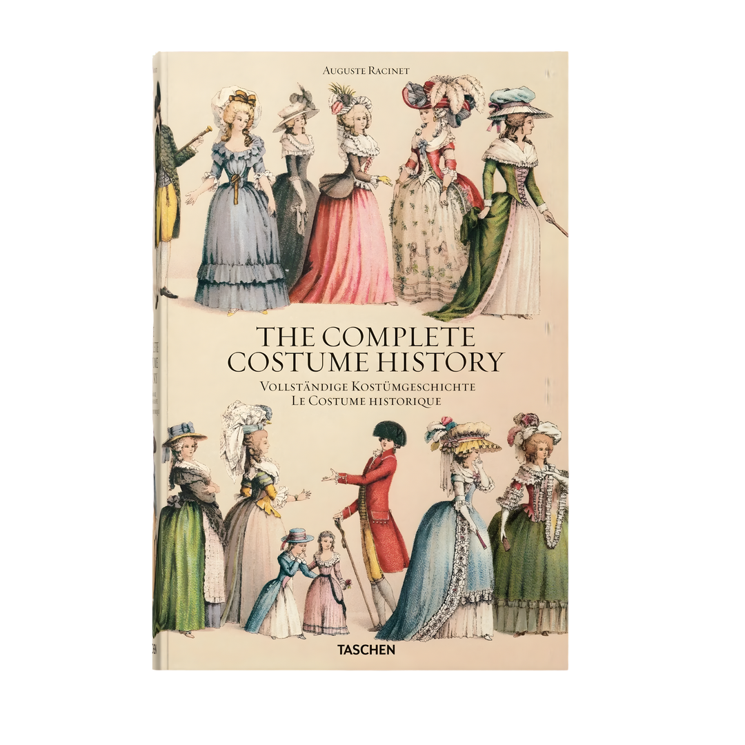 TASCHEN The Complete Costume History XL Edition book cover featuring vintage fashion illustrations of historical dresses and attire from multiple eras