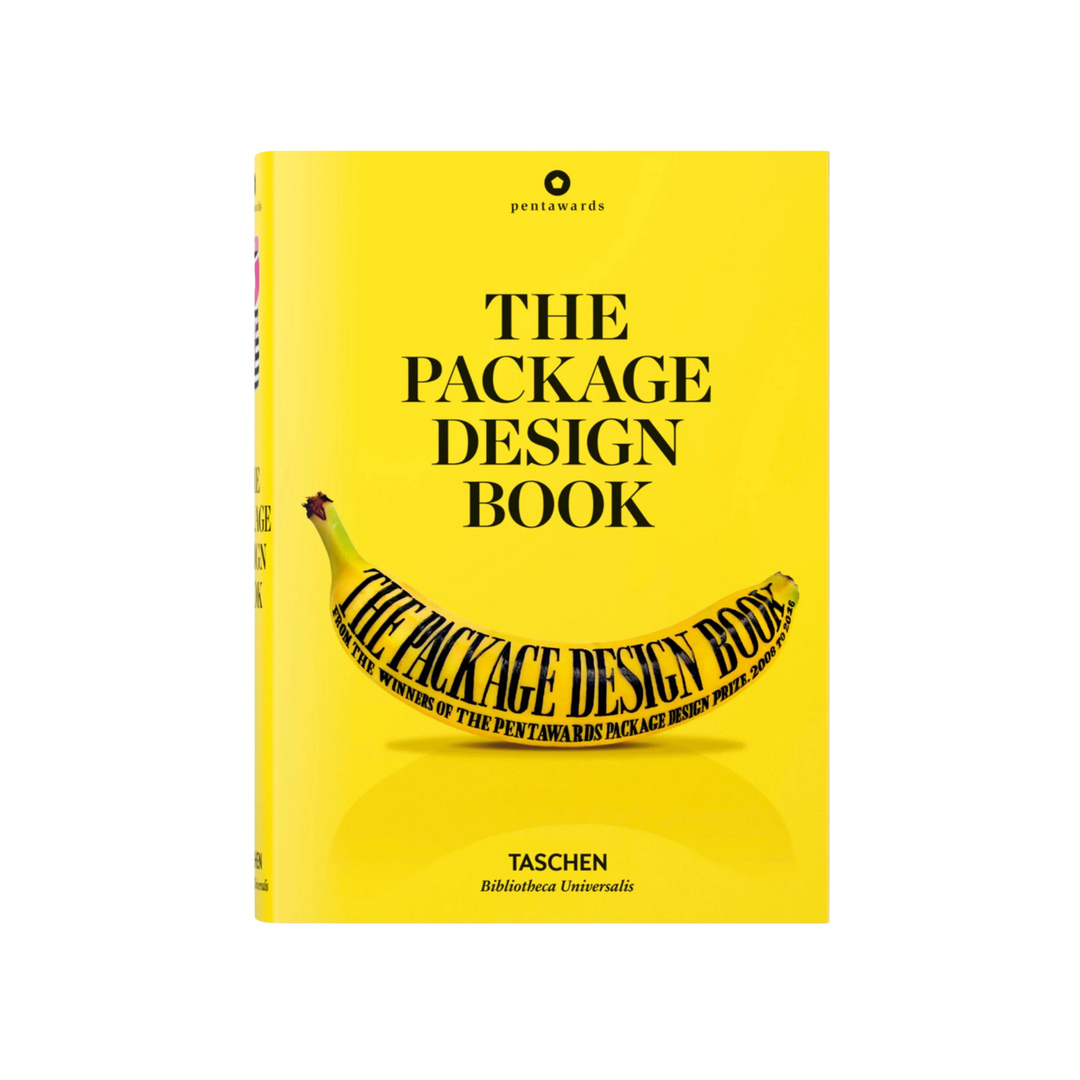 The Package Design Book by TASCHEN, yellow hardcover showcasing award-winning Pentawards packaging designs