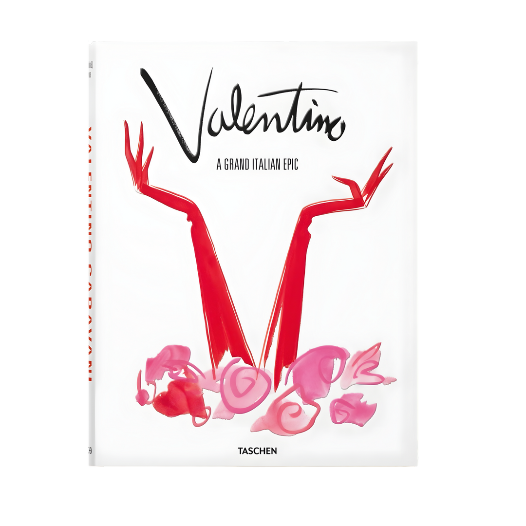 TASCHEN Valentino A Grand Italian Epic book cover featuring red illustrated legs and romantic floral artwork, luxury fashion coffee table book