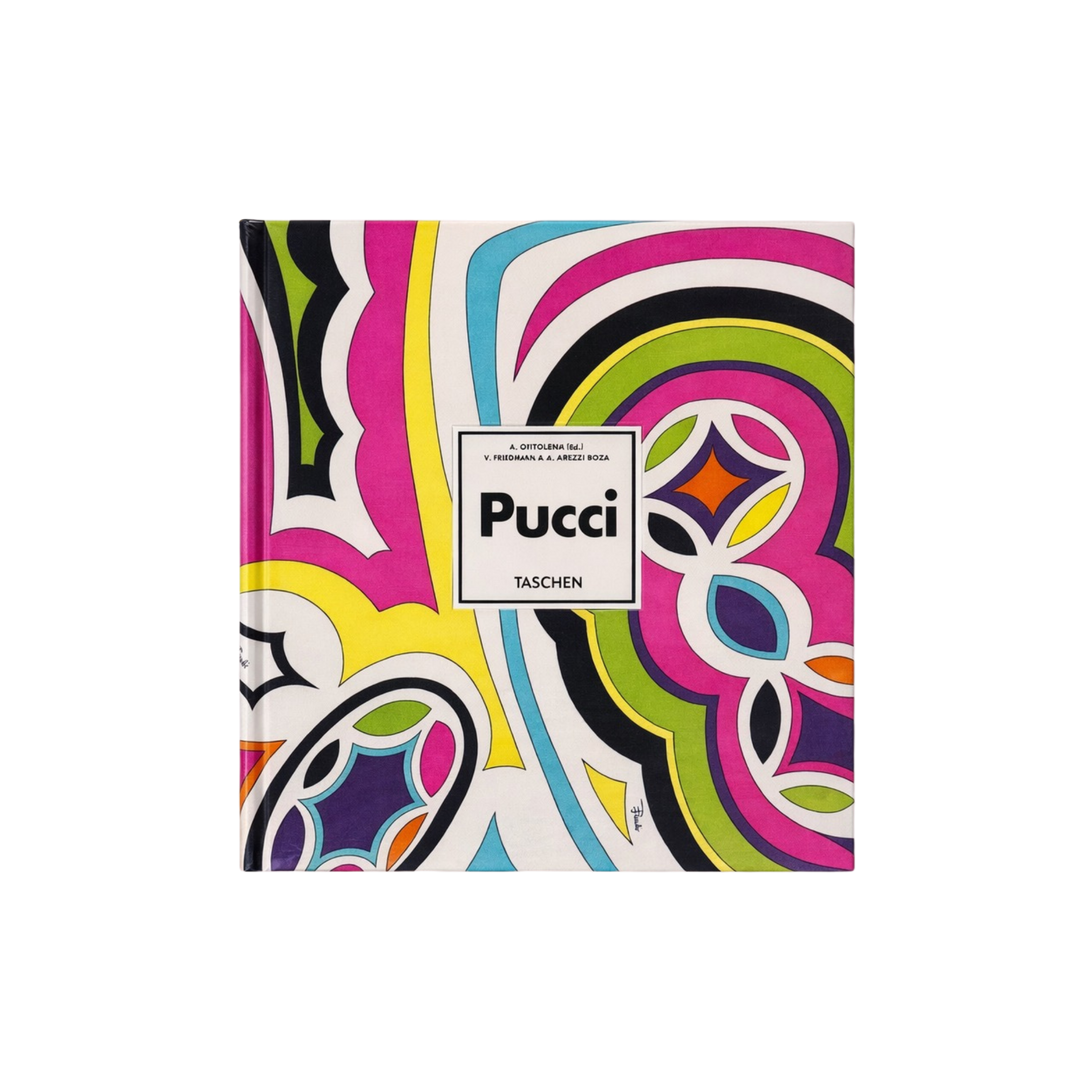 Taschen XL hardcover book Pucci with vibrant multicolor abstract print cover in pink, yellow, green, blue, and black, bound in original Emilio Pucci fabric.