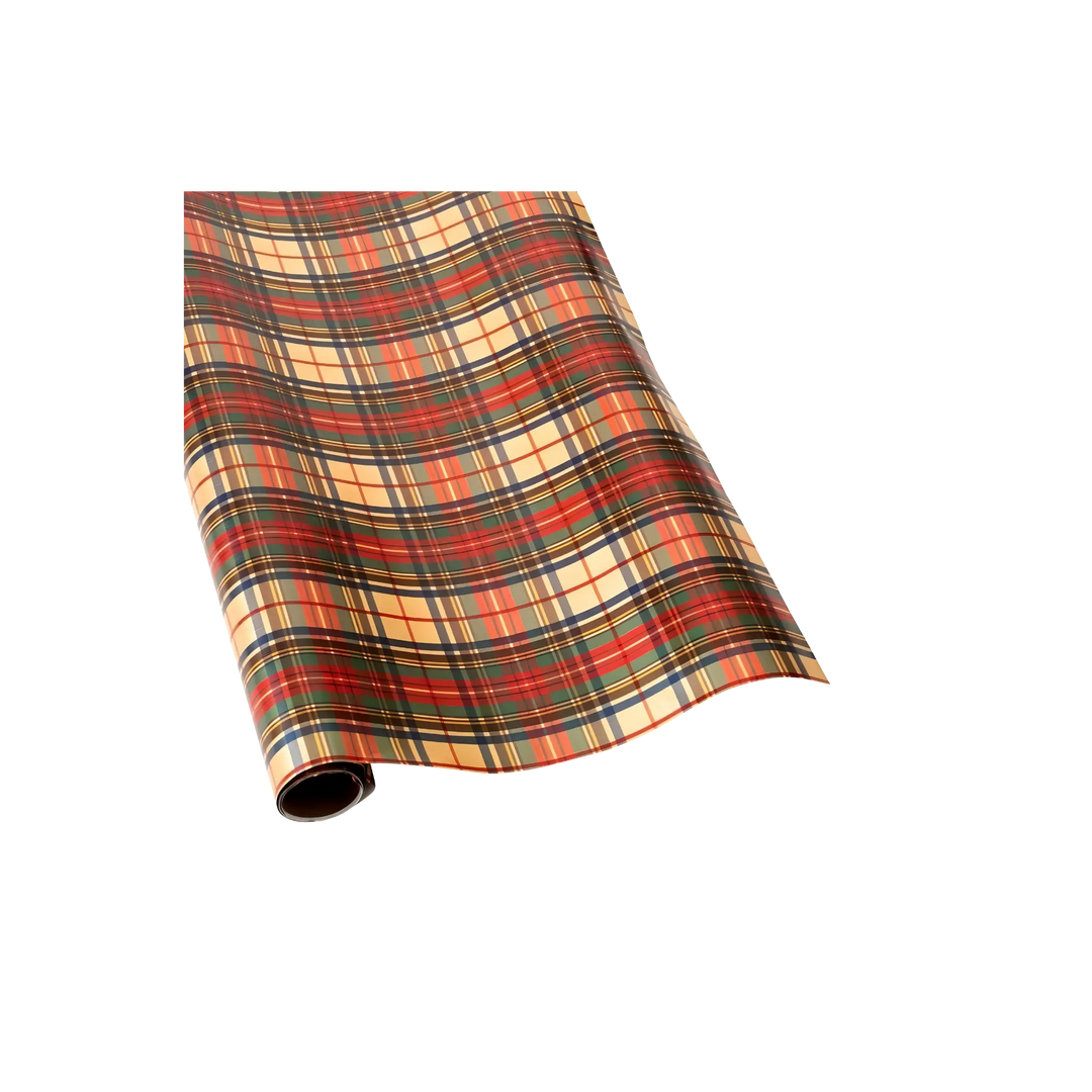 Red, green, gold, and navy tartan plaid wrapping paper roll