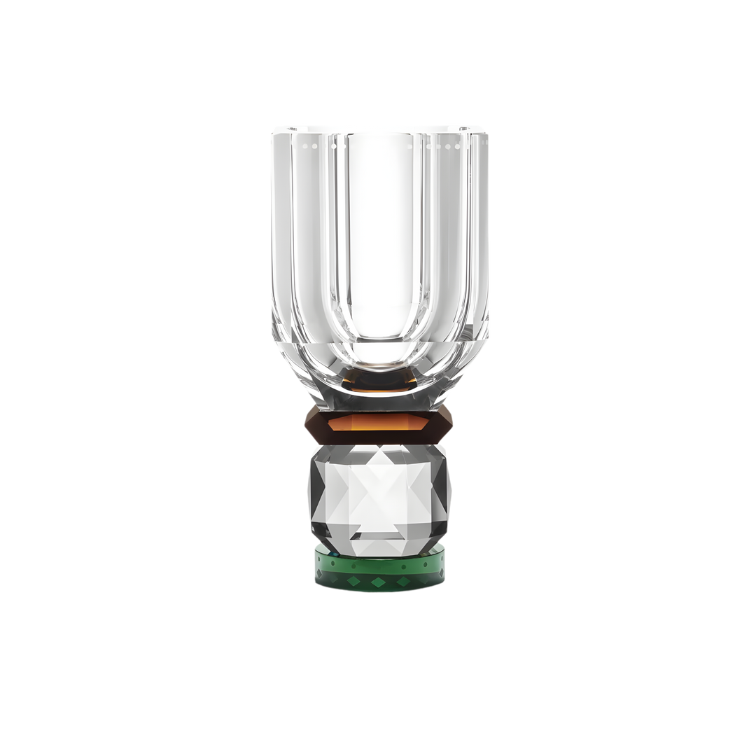 Utah Vase by Reflections Copenhagen featuring hand-cut clear crystal with brown and green accents, shown against a black background highlighting its geometric Art Deco design.