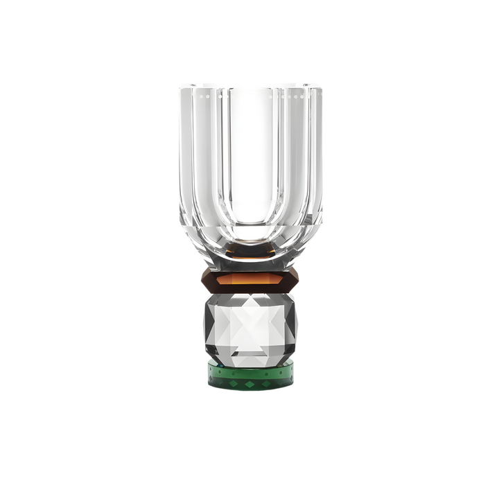 Utah Vase by Reflections Copenhagen featuring hand-cut clear crystal with brown and green accents, shown against a black background highlighting its geometric Art Deco design.