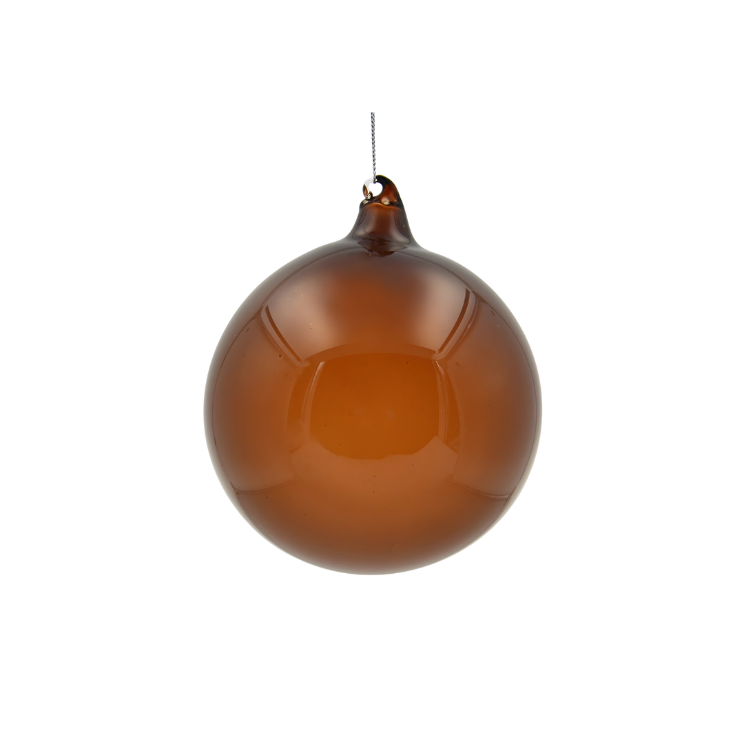 120mm (4.75-inch) Chocolate Glass Ball Ornament by Jim Marvin featuring glossy brown finish and hand-blown design – Mood by DMJ Lafayette, LA.