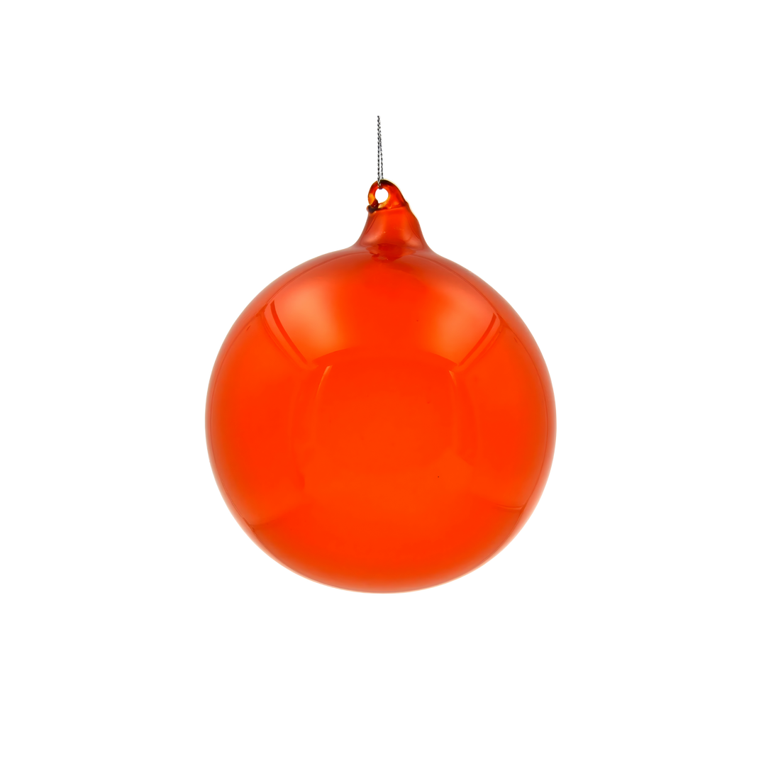 120mm (4.75-inch) Red Glass Ball Ornament by Jim Marvin, available from Mood by DMJ Lafayette—hand-blown red glass design for holiday decorating.