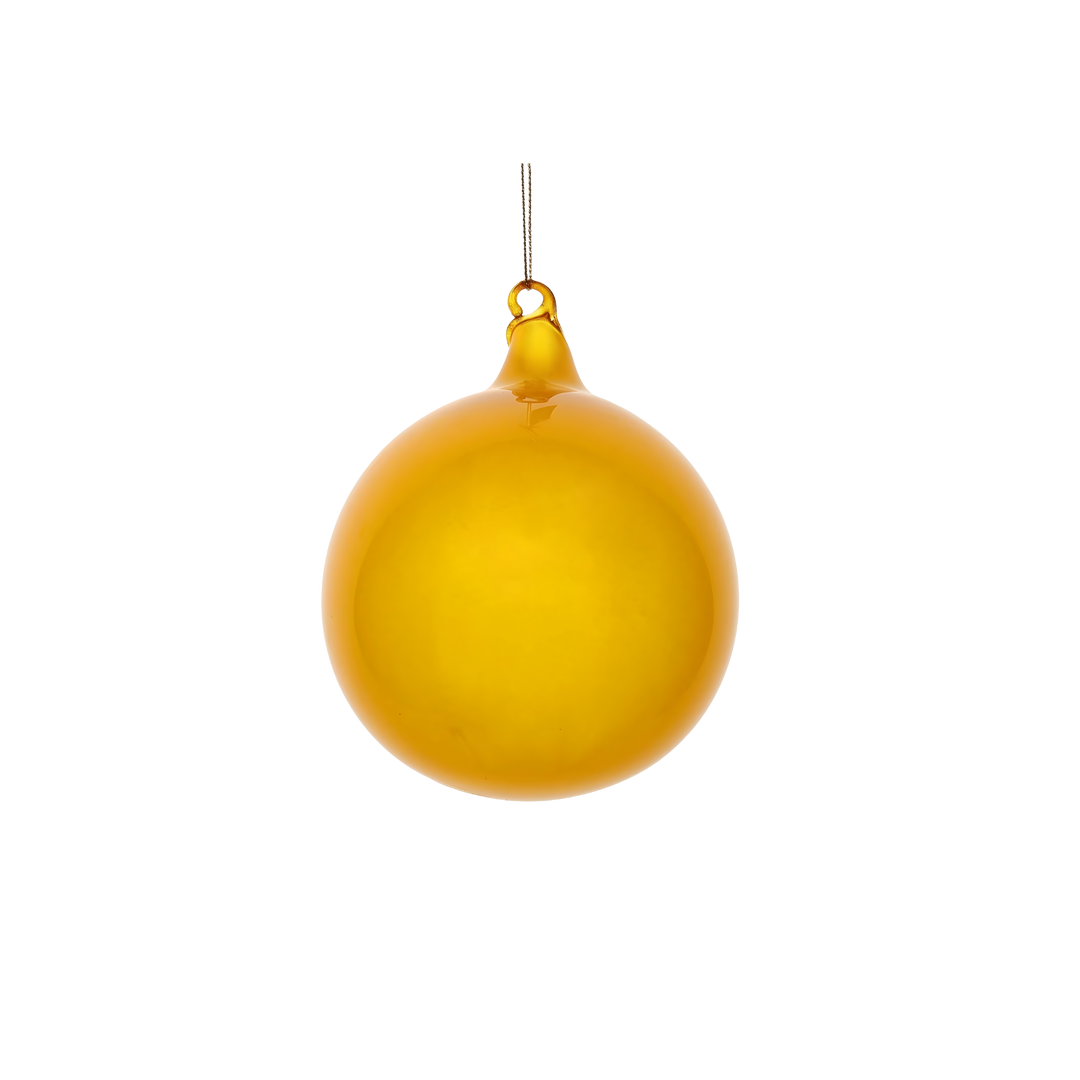 120mm (4.75-inch) Yellow Glitter Glass Ornament by Jim Marvin featuring a shimmering glitter finish and hand-blown design – Mood by DMJ Lafayette, LA.