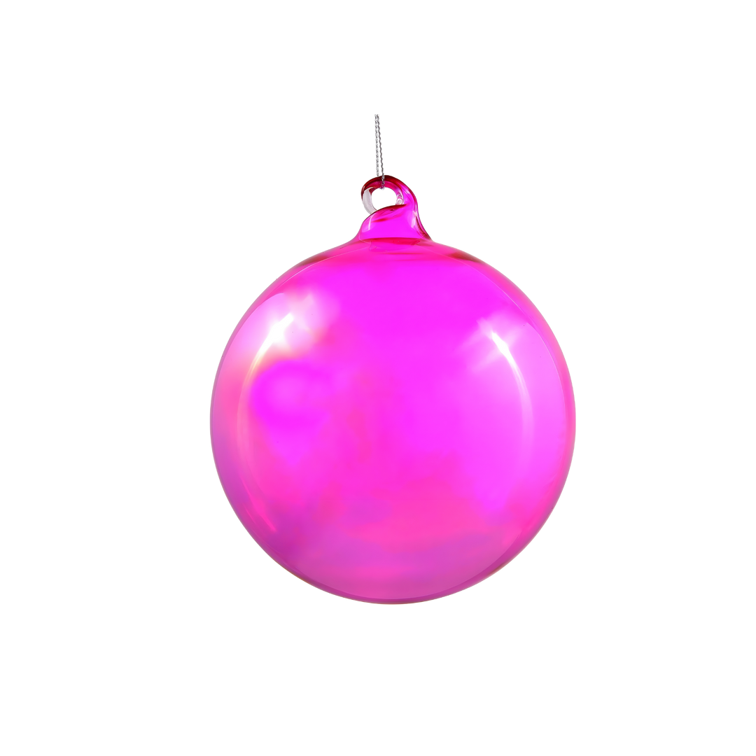 150mm (6-inch) Hot Pink Glass Ball Ornament by Jim Marvin featuring a hand-blown iridescent finish – Mood by DMJ Lafayette, LA.