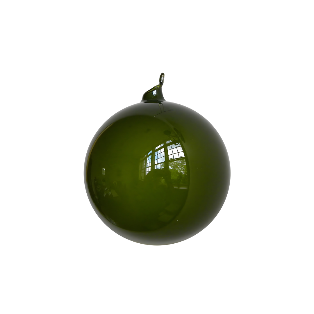 150mm (6-inch) Moss Glass Ball Ornament by Jim Marvin featuring a glossy green finish and hand-blown craftsmanship – Mood by DMJ Lafayette, LA.