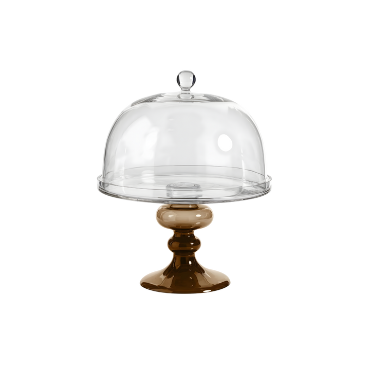 Amber glass cake stand with clear dome, featuring a warm brown pedestal base and elegant display for cakes and desserts.