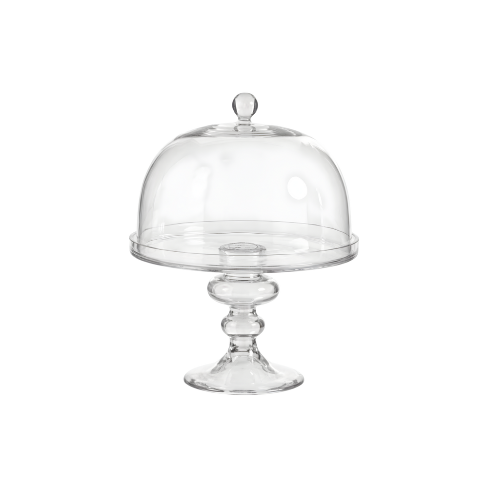 Clear glass cake stand with dome and transparent pedestal base, styled as a classic centerpiece for cakes and pastries.