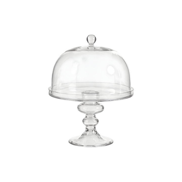 Clear glass cake stand with dome and transparent pedestal base, styled as a classic centerpiece for cakes and pastries.