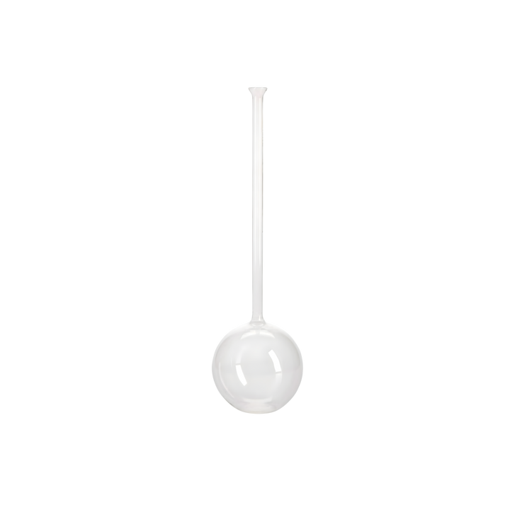 Long neck blown glass vase with a round ball-shaped base and slender stem, crafted in clear glass for minimalist floral styling.