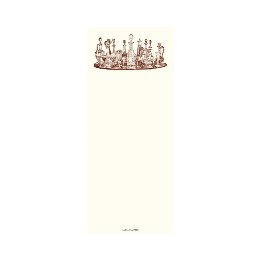 Cocktails Long Note Pad by Alexa Pulitzer, set of crystal decanters on a white background note pad